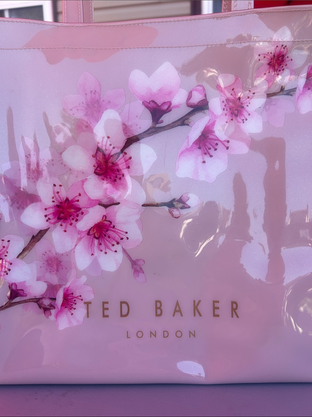 EUC Ted Baker Pink Floral Patent Tote with Cherry Blossom Print - Picture 2 of 8